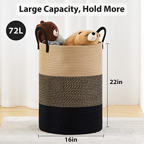 72L Large Woven Laundry Hamper by Fiona's magic, Tall Cotton Rope Storage Basket, Jute Baby Nursery Hamper for Blankets, Toys and Clothes in Bedroom and Living Room Organizing, Brown & Black