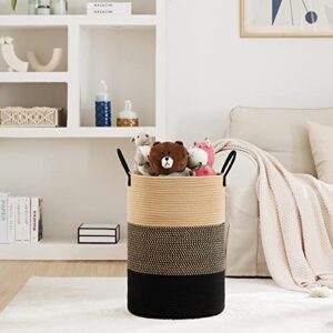 72L Large Woven Laundry Hamper by Fiona's magic, Tall Cotton Rope Storage Basket, Jute Baby Nursery Hamper for Blankets, Toys and Clothes in Bedroom and Living Room Organizing, Brown & Black