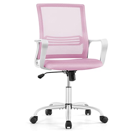 JHK Ergonomic Pink, Home Office Desk Lumbar Support Armrests, Mid Back Mesh Rolling Swivel Chair with Wheels for Adults