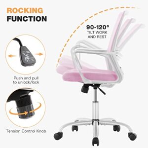 JHK Ergonomic Pink, Home Office Desk Lumbar Support Armrests, Mid Back Mesh Rolling Swivel Chair with Wheels for Adults