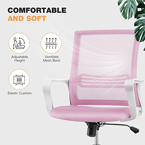 JHK Ergonomic Pink, Home Office Desk Lumbar Support Armrests, Mid Back Mesh Rolling Swivel Chair with Wheels for Adults