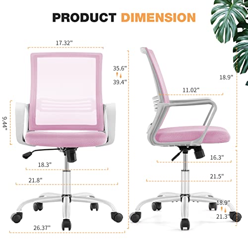 JHK Ergonomic Pink, Home Office Desk Lumbar Support Armrests, Mid Back Mesh Rolling Swivel Chair with Wheels for Adults