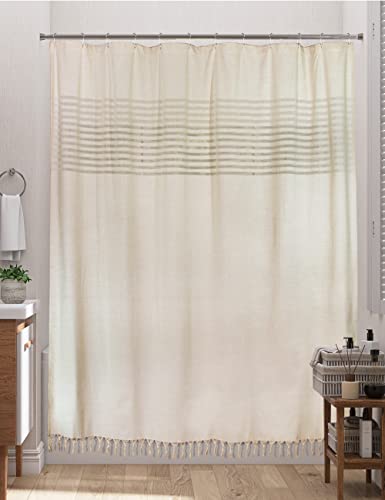 SUMGAR Cotton Shower Curtain Boho Farmhouse Shower Curtains for Bathroom with Tassels & Jacquard Striped Window, Beige Fabric Fringe Shower Curtain Set with Hooks, 72" x 72"