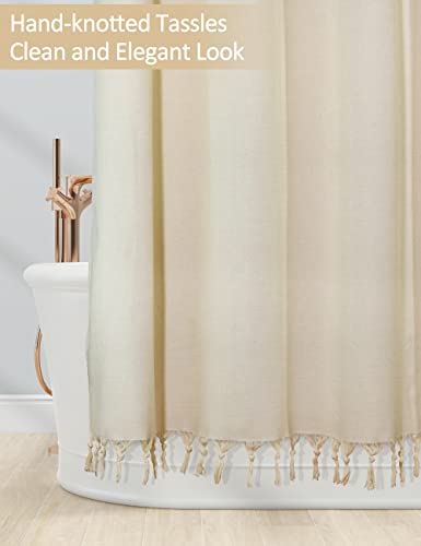 SUMGAR Cotton Shower Curtain Boho Farmhouse Shower Curtains for Bathroom with Tassels & Jacquard Striped Window, Beige Fabric Fringe Shower Curtain Set with Hooks, 72" x 72"