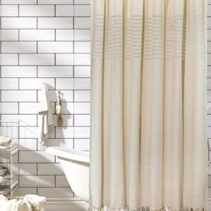 SUMGAR Cotton Shower Curtain Boho Farmhouse Shower Curtains for Bathroom with Tassels & Jacquard Striped Window, Beige Fabric Fringe Shower Curtain Set with Hooks, 72" x 72"