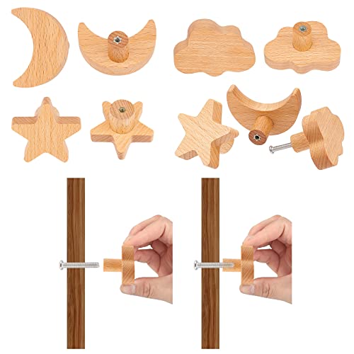 BENECREAT 6Pcs 3 Styles Wood Wall Hooks Star Moon Cloud Hat Hooks Decorative Wall Mounted Coat Rack with Screws for Hanging Clothes Hats Towels Bags(2Pcs/Style)