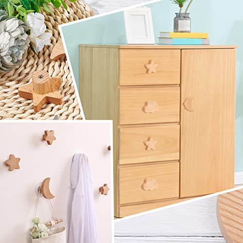 BENECREAT 6Pcs 3 Styles Wood Wall Hooks Star Moon Cloud Hat Hooks Decorative Wall Mounted Coat Rack with Screws for Hanging Clothes Hats Towels Bags(2Pcs/Style)