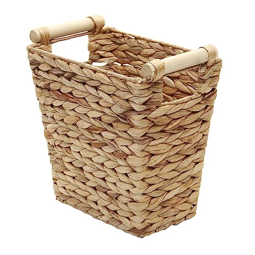 JJSQYLAN Woven Water Hyacinth Storage Basket Wastebasket Straw Storage Basket Decorative Storage Basket with Wood Handles for Kitchen, Home, Office, Craft, Laundry, Utility Room