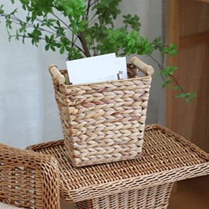 JJSQYLAN Woven Water Hyacinth Storage Basket Wastebasket Straw Storage Basket Decorative Storage Basket with Wood Handles for Kitchen, Home, Office, Craft, Laundry, Utility Room