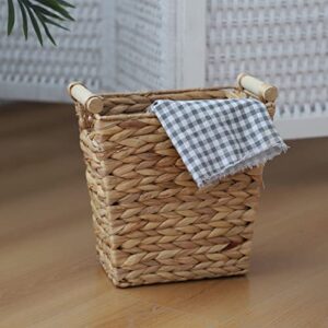 JJSQYLAN Woven Water Hyacinth Storage Basket Wastebasket Straw Storage Basket Decorative Storage Basket with Wood Handles for Kitchen, Home, Office, Craft, Laundry, Utility Room