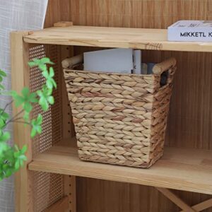 JJSQYLAN Woven Water Hyacinth Storage Basket Wastebasket Straw Storage Basket Decorative Storage Basket with Wood Handles for Kitchen, Home, Office, Craft, Laundry, Utility Room