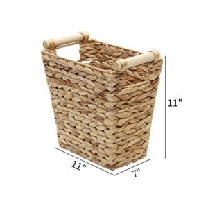 JJSQYLAN Woven Water Hyacinth Storage Basket Wastebasket Straw Storage Basket Decorative Storage Basket with Wood Handles for Kitchen, Home, Office, Craft, Laundry, Utility Room