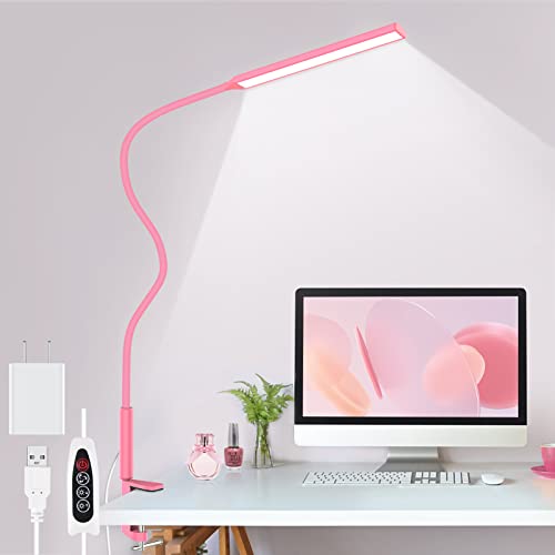 yotutun LED Pink Table Lamp with Clamp, Flexible Gooseneck Desk Light, Eye-Caring Architect 3 Modes 10 Brightness Levels, Memory Function Desk Lamps for Home Office, 10W