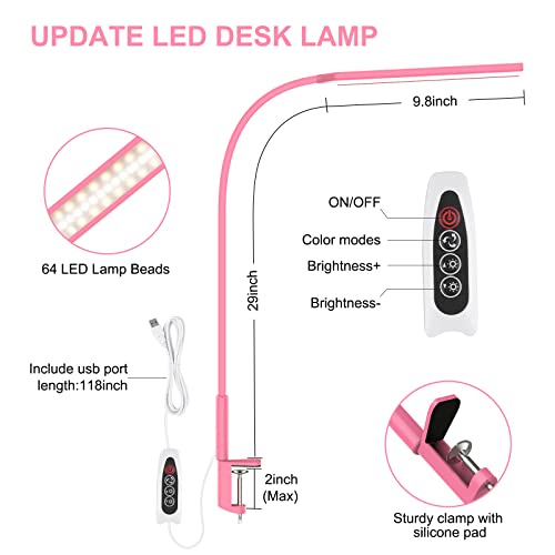 yotutun LED Pink Table Lamp with Clamp, Flexible Gooseneck Desk Light, Eye-Caring Architect 3 Modes 10 Brightness Levels, Memory Function Desk Lamps for Home Office, 10W