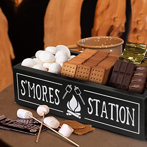 S'mores Station Box - Wooden Smores Bar Holder Caddy Tray Kit with Handles, Farmhouse Kitchen Decor Outdoor Food Container Smores Accessories Storage Organizer for Camping BBQ Birthday Party Gift