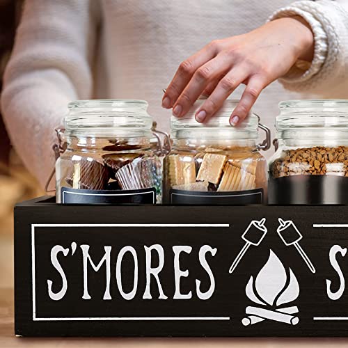 S'mores Station Box - Wooden Smores Bar Holder Caddy Tray Kit with Handles, Farmhouse Kitchen Decor Outdoor Food Container Smores Accessories Storage Organizer for Camping BBQ Birthday Party Gift