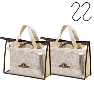 handbag storage organizer 2 pack, clear purse storage organizer for closet, clear dust bags for handbags, purse cover hanging closet organizer with zipper, handles and purse hook - xl, cream