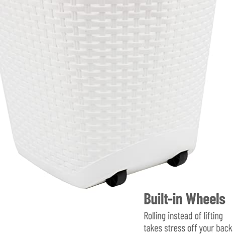 Mind Reader Basket Collection, Mobile Laundry Hamper, 60 Liter (15kg/33lbs) Capacity, Cut Out Handle, Ventilated, Integrated Castor Wheels, 19.5"L x 14.75"W x 29.25"H, White