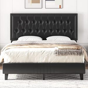 yaheetech full bed frame faux leather upholstered platform bed with height-adjustable headboard, button tufting & nailhead trim/noise-free/wood slats support/no box spring needed, black full bed