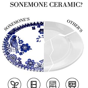 Sonemone 14 inch Blue Bird Serving Platter, Ceramic Oval Serving Plates for Entertaining Party Restaurant, Turkey, Dishwasher & Microwave Safe