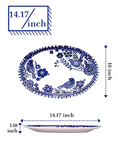 Sonemone 14 inch Blue Bird Serving Platter, Ceramic Oval Serving Plates for Entertaining Party Restaurant, Turkey, Dishwasher & Microwave Safe