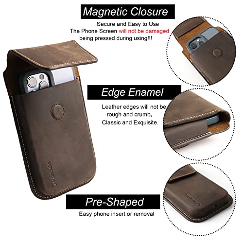 Gentlestache Leather Cell Phone Holster with Belt Clip, Flip Case for iPhone 14 13 Pro Max, Holder S22 Plus, Universal Pouch Large Phone,Darkbrown