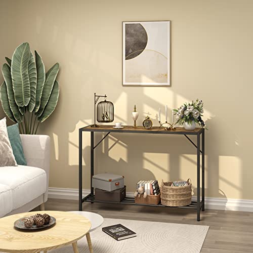 LAATOOREE Console Table, 41.7" Industrial Entryway Table with Shelf, Narrow Sofa Table for Hallway, Entrance Hall, Foyer, Corridor, Living Room - Wood Look Metal Frame - Rustic Brown