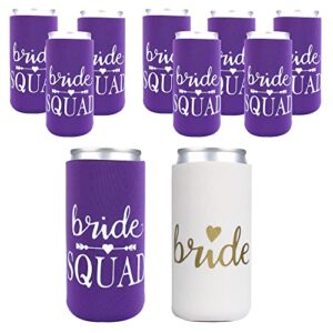 partygifts&beyond 10packs bridesmaid can cooler, bride squad can sleeve for bachelorette party decoration slim can koozies(purple)