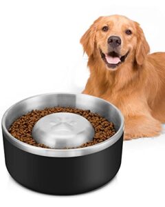pettom slow feeder dog bowl, 18/8 stainless steel dog bowl slows down food, non-slip rubber bottom pet food water bowl (50oz, black)