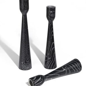 Vixdonos Black Candlestick Holder Set of 3 Wood Taper Candle Holders with Elegant Carved Tree Texture