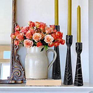 Vixdonos Black Candlestick Holder Set of 3 Wood Taper Candle Holders with Elegant Carved Tree Texture