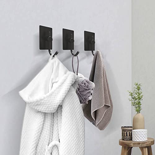 BATHHOLD Adhesive Hooks Wall Mount, Wall Hooks for Hanging Robe, Coat, Towel, Hat, Key on Bathroom,Kitchen,Washroom,Living Room - Matte Black - 8 Packs