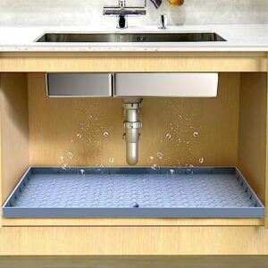 under sink mat, 34" x 22" sink cabinet protector, waterproof & flexible silicone under sink liner drip tray with unique drain hole for kitchen bathroom, hold 3.3 gallons liquid