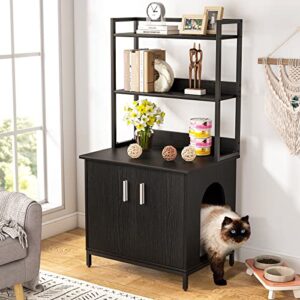 tribesigns litter box enclosure, industrial cat cabinet with shelves and doors, wood pet crate hidden cat washroom for most of litter box, indoor cat house furniture, black