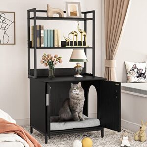 Tribesigns Litter Box Enclosure, Industrial Cat Cabinet with Shelves and Doors, Wood Pet Crate Hidden Cat Washroom for Most of Litter Box, Indoor Cat House Furniture, Black