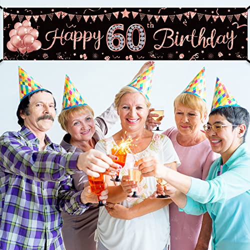 Yoaokiy Happy 60th Birthday Banner Decorations for Women, Rose Gold 60 Year Old Birthday Sign Party Supplies, Sixty Bday Backdrop Decor for Outdoor Indoor