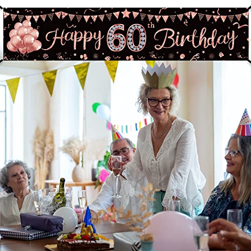 Yoaokiy Happy 60th Birthday Banner Decorations for Women, Rose Gold 60 Year Old Birthday Sign Party Supplies, Sixty Bday Backdrop Decor for Outdoor Indoor