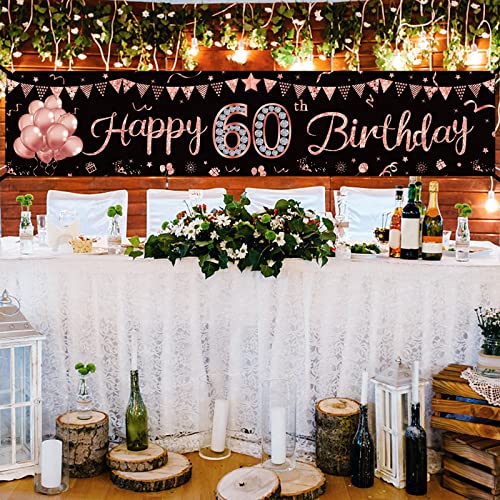 Yoaokiy Happy 60th Birthday Banner Decorations for Women, Rose Gold 60 Year Old Birthday Sign Party Supplies, Sixty Bday Backdrop Decor for Outdoor Indoor