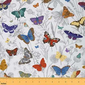 colorful butterfly upholstery fabric for chairs, dahlia flower fabric by the yard, wild animals floral decor fabric, leaves indoor outdoor fabric, watercolor diy art waterproof fabric, 2 yards