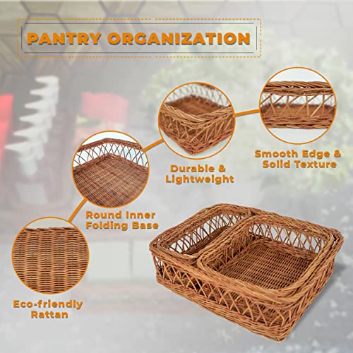 MANTEIV Set of 3 Rattan Serving Tray Woven Serving Platter with Handles Wicker Tray for Bread Fruit Food Coffee Table Breakfast Display Bathroom Kitchen Decor Dining Table Centerpiece