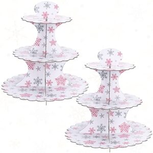 vesici 2 set of 3 tier pink snowflake party cupcake stand it's cold outside baby shower tier cardboard cupcake tray for girls birthday gender reveal wedding winter party supplies