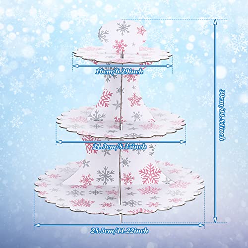 Vesici 2 Set of 3 Tier Pink Snowflake Party Cupcake Stand It's Cold Outside Baby Shower Tier Cardboard Cupcake Tray for Girls Birthday Gender Reveal Wedding Winter Party Supplies