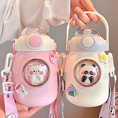 JQWSVE Kawaii Water Bottle with Straw, 24oz Cute Thermos Insulated Straw Bottle, Leak Proof Flip-Top Lid Stainless Steel for Boys Girls School Travel Z-White