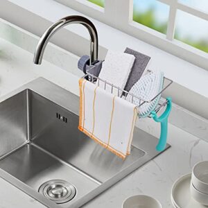 ncarster stainless steel faucet rack, 2 pcs kitchen sink caddy faucet rack with hook - detachable scrubbers soap hanging faucet drain rack for bathroom (silver -m)