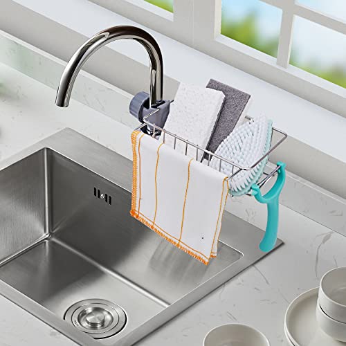 NCARSTER Stainless Steel Faucet Rack, 2 Pcs Kitchen Sink Caddy Faucet Rack with Hook - Detachable Scrubbers Soap Hanging Faucet Drain Rack for Bathroom (Silver -M)