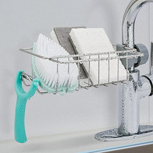 NCARSTER Stainless Steel Faucet Rack, 2 Pcs Kitchen Sink Caddy Faucet Rack with Hook - Detachable Scrubbers Soap Hanging Faucet Drain Rack for Bathroom (Silver -M)