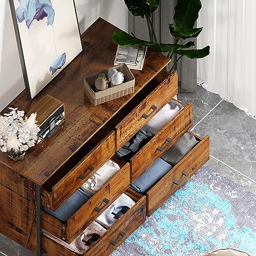 IKENO 6 Drawer Double Dresser, Industrial Wood Storage Dresser Clothes Organizer with Sturdy Steel Frame, Storage Dresser for Bedroom