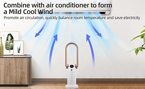 Bladeless Fan and HEPA Air Purifiers Combo, 29 inch Tower Fan with Remote, 120° Oscillating & 270° Tilt Head Table Fan, 9 Speeds 9 HoursTimer Air Circulator for Home Office Bedroom, White/Gold