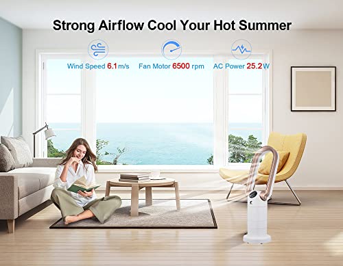 Bladeless Fan and HEPA Air Purifiers Combo, 29 inch Tower Fan with Remote, 120° Oscillating & 270° Tilt Head Table Fan, 9 Speeds 9 HoursTimer Air Circulator for Home Office Bedroom, White/Gold