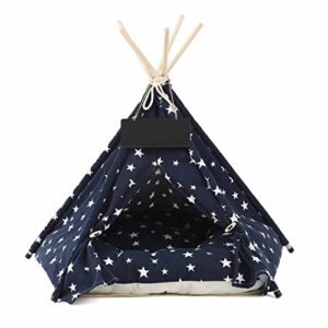 pet tent, wooden dog cat tent canvas name tag cute house portable with thick padded washable navy blue star pattern tent house for puppies and cats